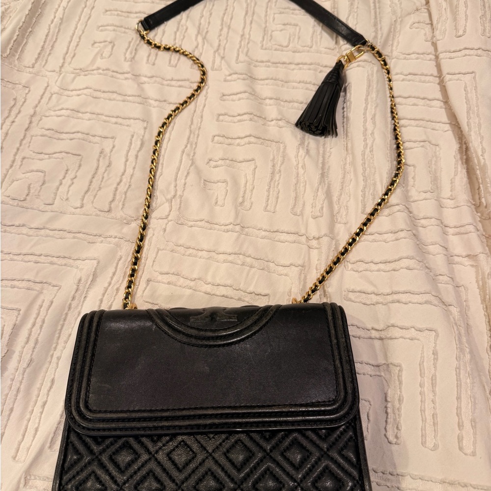 Tory Burch Black Quilted Crossbody with Gold Chain